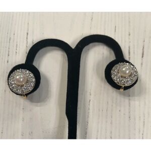 Nina Ricci Earrings Swarovski Crystal Rhinestone Pearl Round Clip Gold Plate VTG